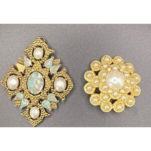 Vintage Sarah Coventry Brooch Lot of 2 Faux Pearl Turquoise Gold Tone